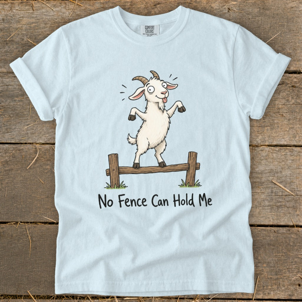 Cartoon goat balancing on fence with text "No Fence Can Hold Me".