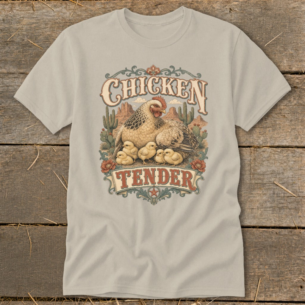 Chicken Tender graphic on tan t-shirt with hen and chicks, desert scene.