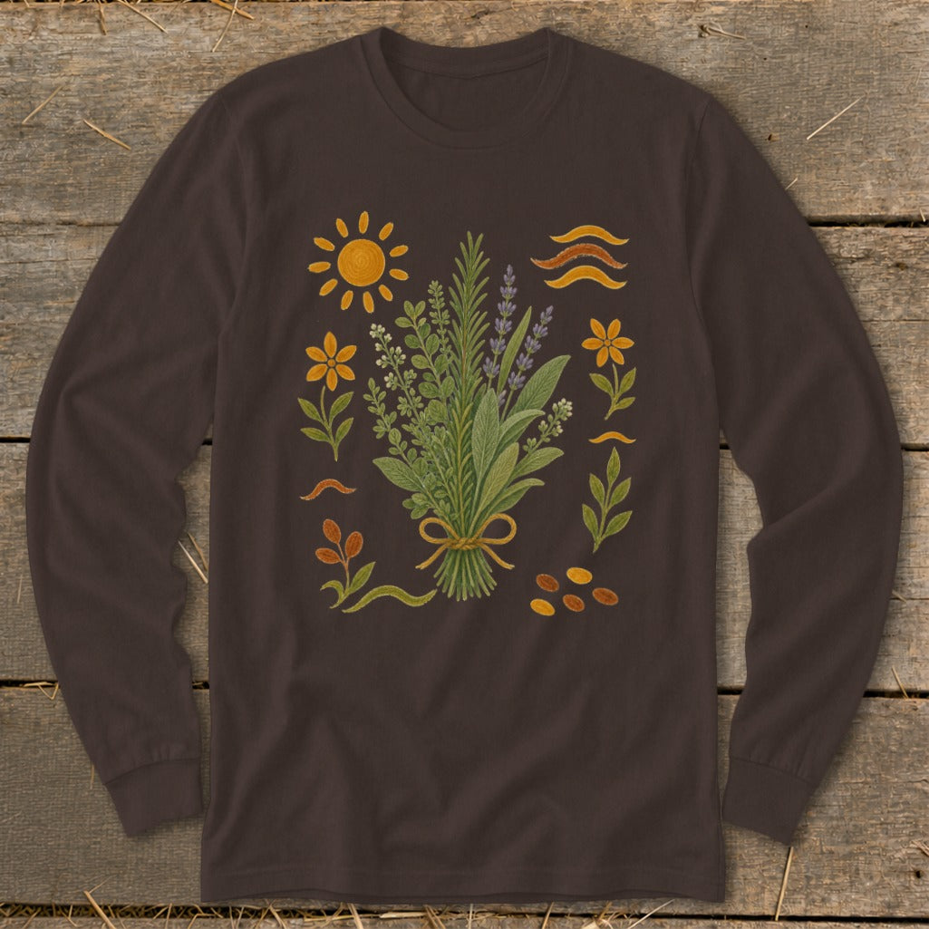 Brown long-sleeve shirt with an illustrated bouquet of herbs and nature elements.