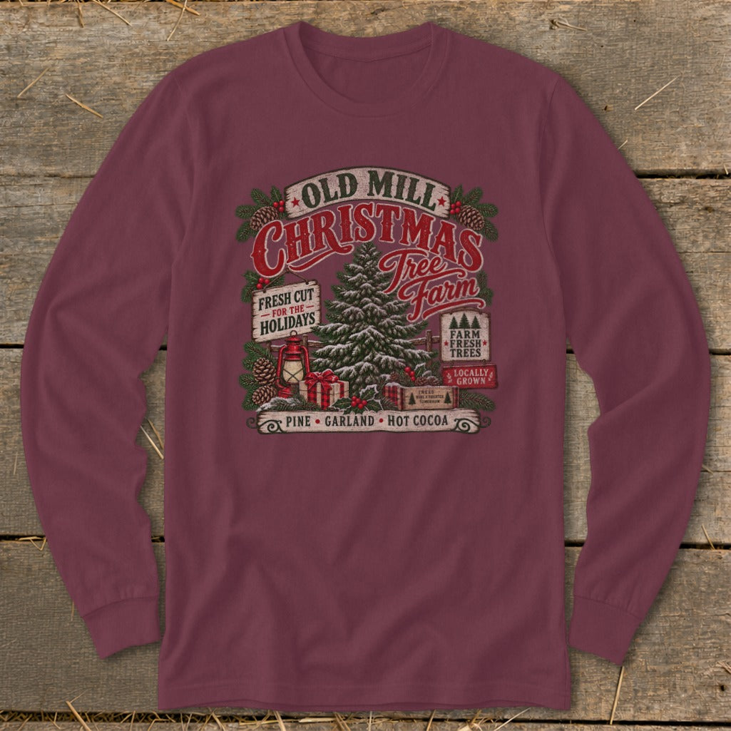 Maroon long sleeve shirt with Old Mill Christmas Tree Farm graphic.
