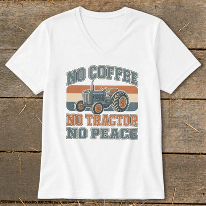 White t-shirt with "No Coffee No Tractor No Peace" text and tractor graphic.