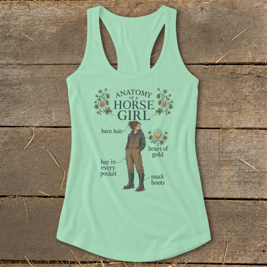 Light green tank top with "Anatomy of a Horse Girl" graphic and floral accents.