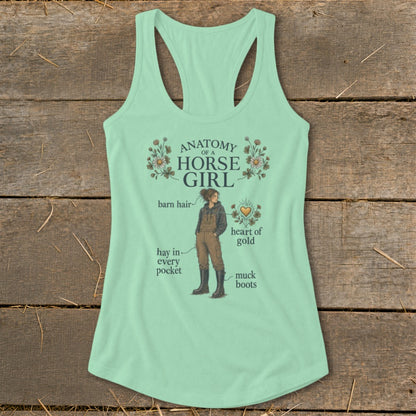Light green tank top with "Anatomy of a Horse Girl" graphic and floral accents.