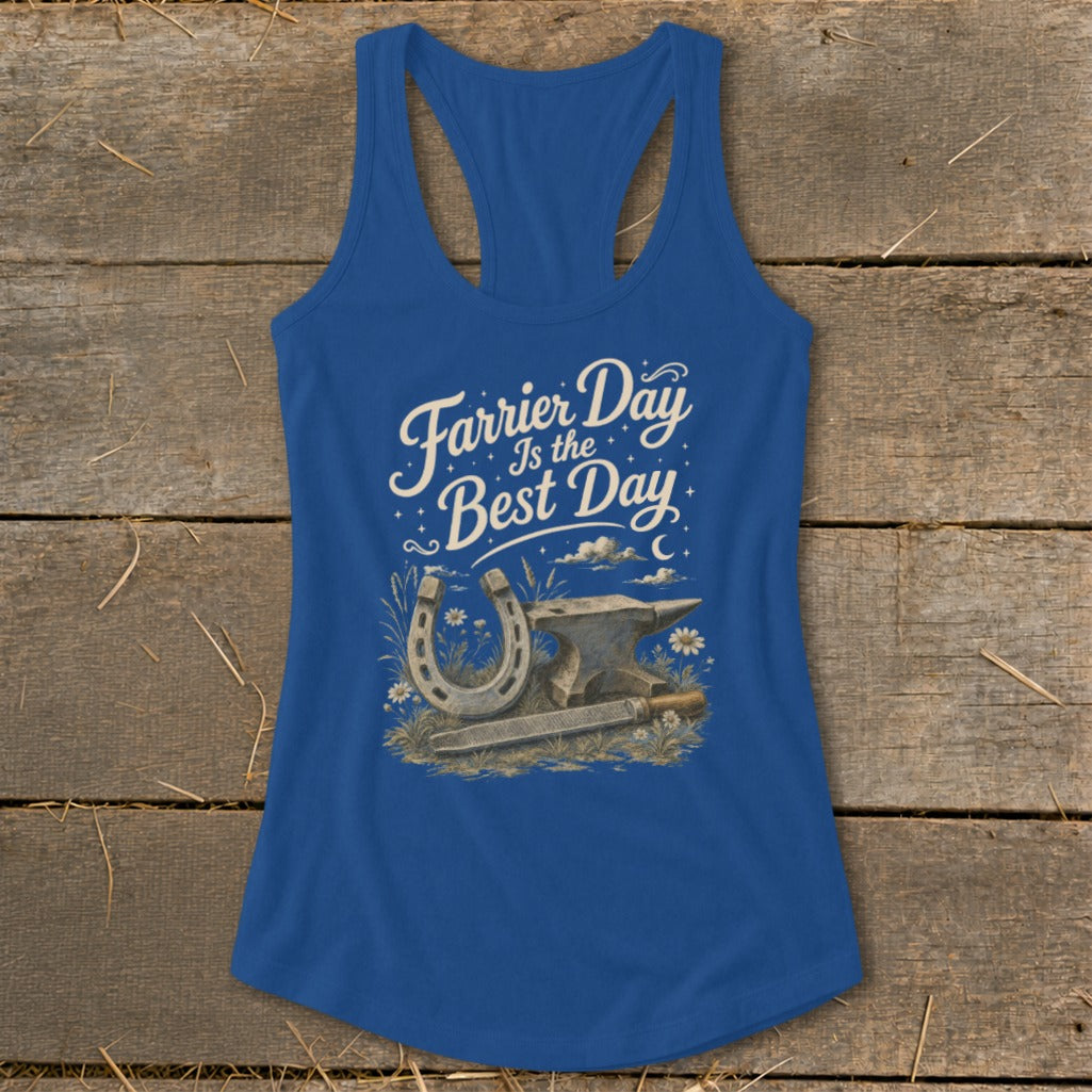 Blue tank top with "Farrier Day Is the Best Day" text, horseshoe, anvil, and file.