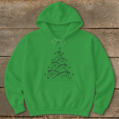 Green hoodie with a Christmas tree made of layered horse silhouettes and stars.