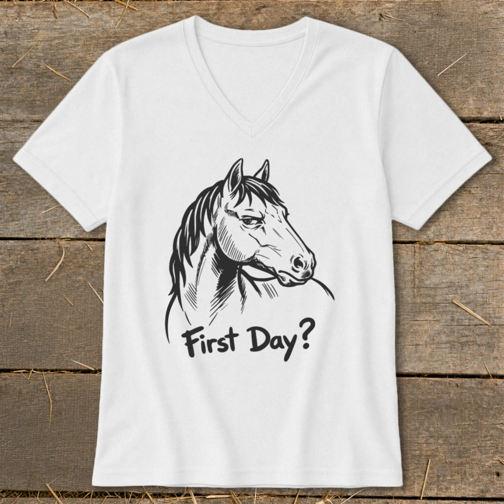 White t-shirt with black line art of a horse's head and the text "First Day?".