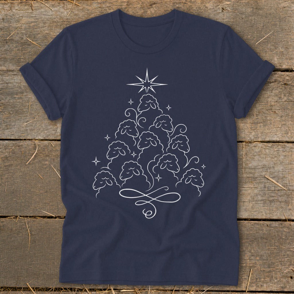 Navy t-shirt with white line art of sheep forming a Christmas tree shape topped by a star.