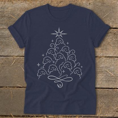 Navy t-shirt with white line art of sheep forming a Christmas tree shape topped by a star.