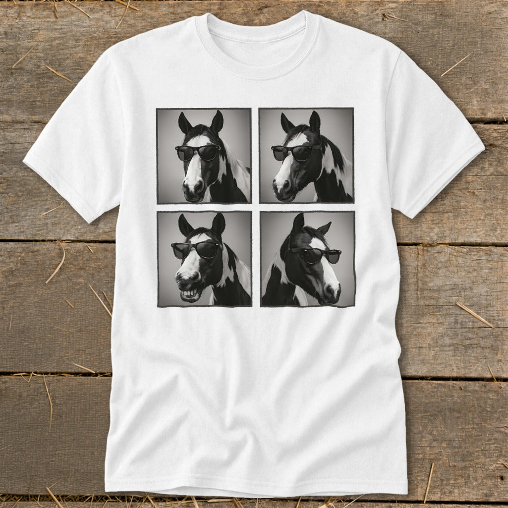 White t-shirt with four black and white images of a horse wearing sunglasses.