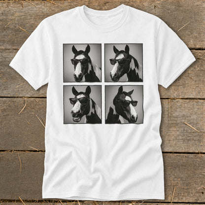 White t-shirt with four black and white images of a horse wearing sunglasses.
