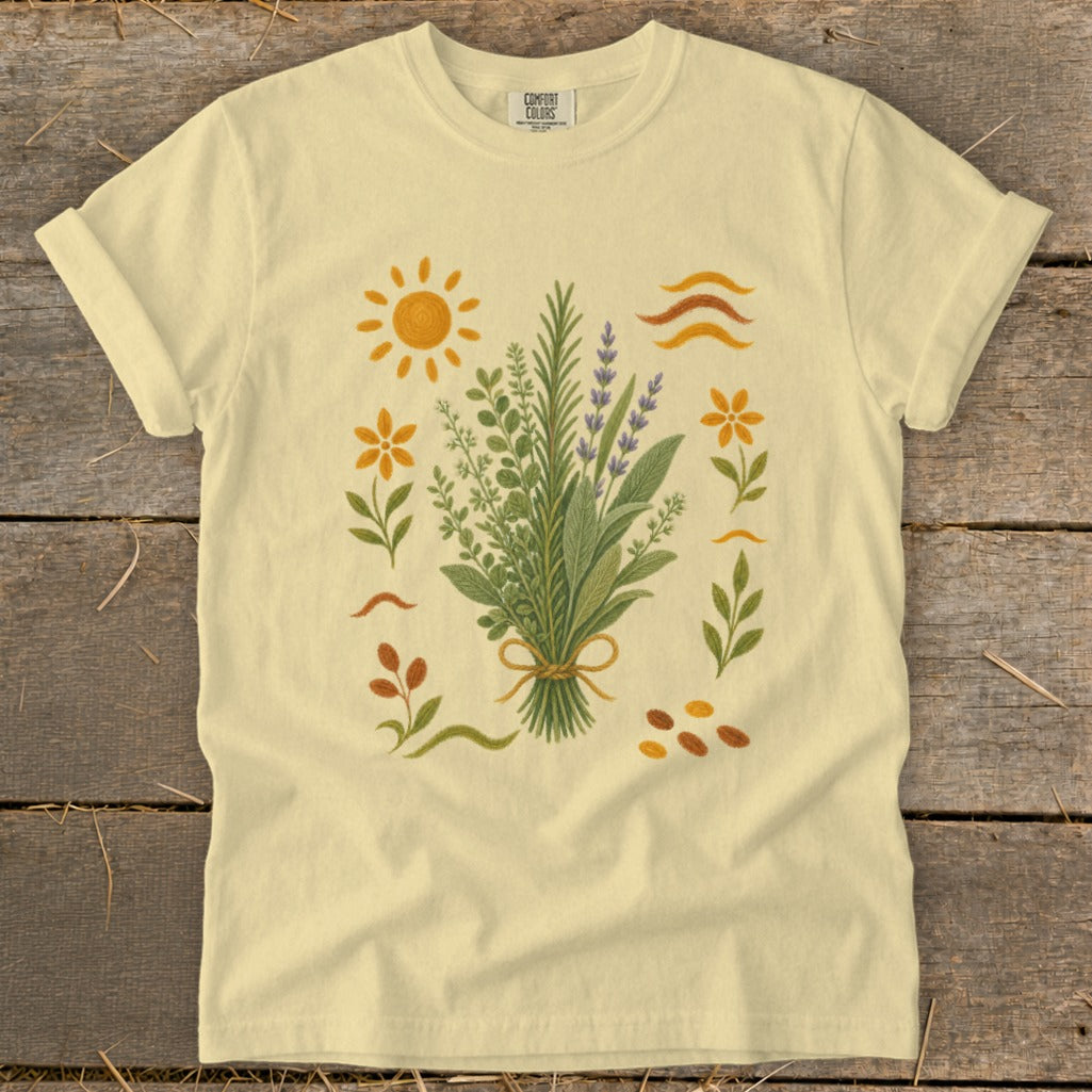 Light yellow t-shirt with a bouquet of herbs and flowers print.