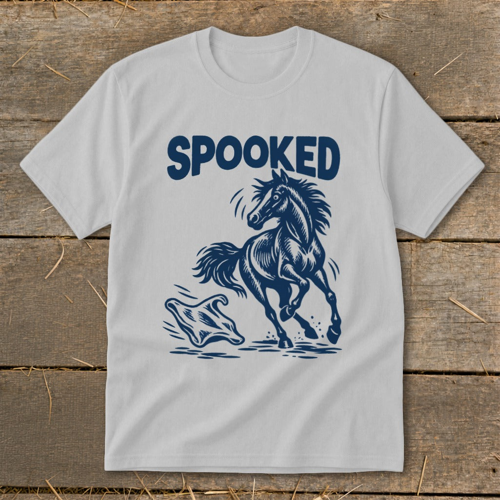 T-shirt with dark blue graphic of a spooked horse and a ghost, text "SPOOKED".