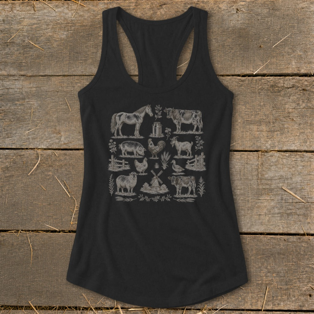 Black racerback tank top with a repeated pattern of farm animals and a windmill.