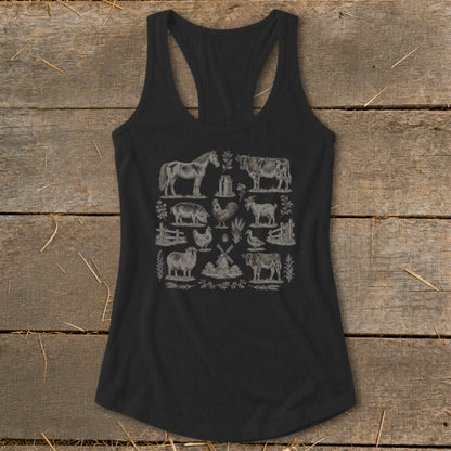 Black racerback tank top with a repeated pattern of farm animals and a windmill.
