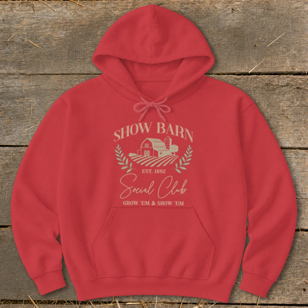 Red hoodie with "Show Barn Social Club Est. 1892" text and farm graphic.