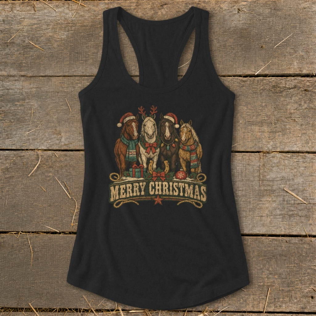 Four horses wearing Santa hats and scarves with "Merry Christmas" text.
