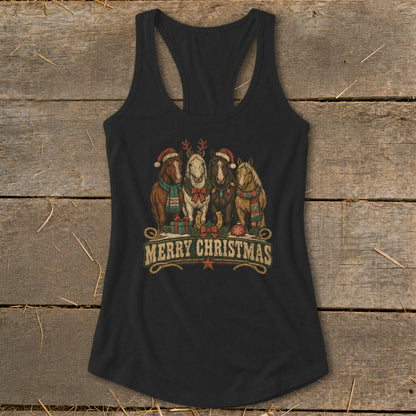 Four horses wearing Santa hats and scarves with "Merry Christmas" text.