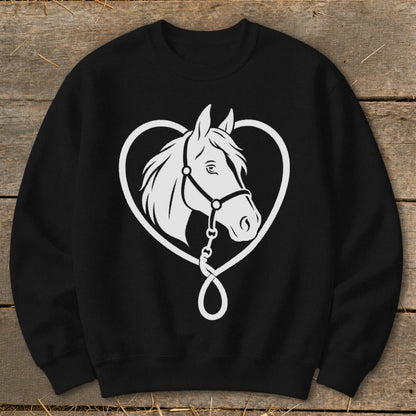 A black crewneck sweatshirt featuring a white graphic of a horse's head framed by a heart shape.