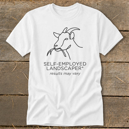 White t-shirt with a line drawing of a goat eating grass and text.