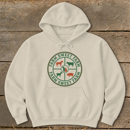 Cream hoodie with "Farm Sweet Farm" circular logo featuring farm animals.