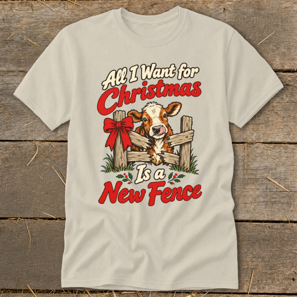 Cow behind a fence with text "All I Want for Christmas Is a New Fence".