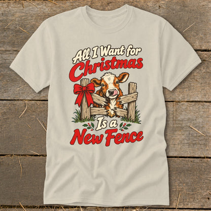Cow behind a fence with text "All I Want for Christmas Is a New Fence".