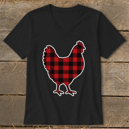 Black v-neck t-shirt with a red and black buffalo plaid chicken graphic.