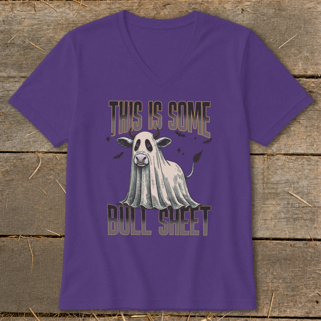 Purple t-shirt with a cow dressed as a ghost, text reads "THIS IS SOME BULL SHEET".