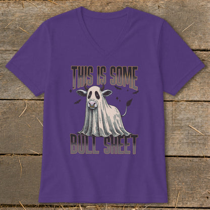 Purple t-shirt with a cow dressed as a ghost, text reads "THIS IS SOME BULL SHEET".
