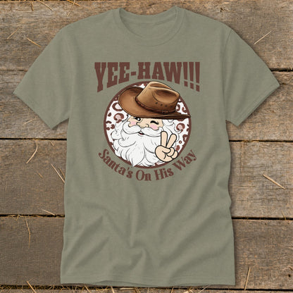 Green t-shirt graphic with Santa in a cowboy hat saying "Yee-Haw!!!"