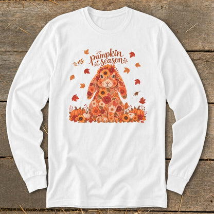Floral bunny with pumpkins and "pumpkin season" text on a white long-sleeve shirt.
