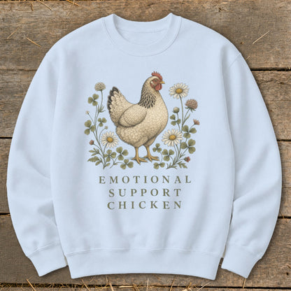 Light blue sweatshirt with chicken illustration and "Emotional Support Chicken" text.