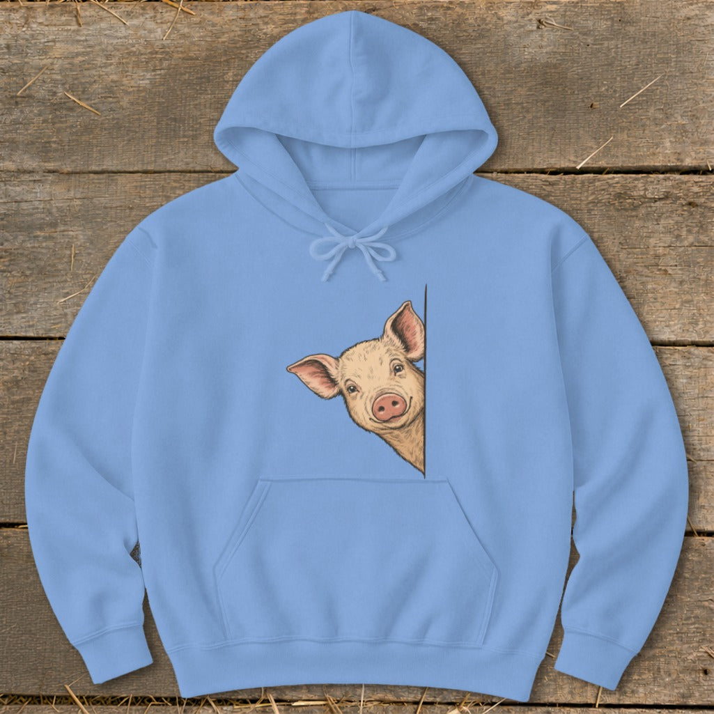Light blue hoodie with a cute pig peeking from the side.