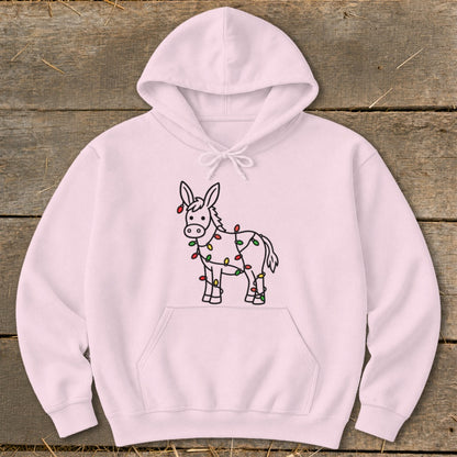 Pink hoodie with a cartoon donkey wrapped in Christmas lights.
