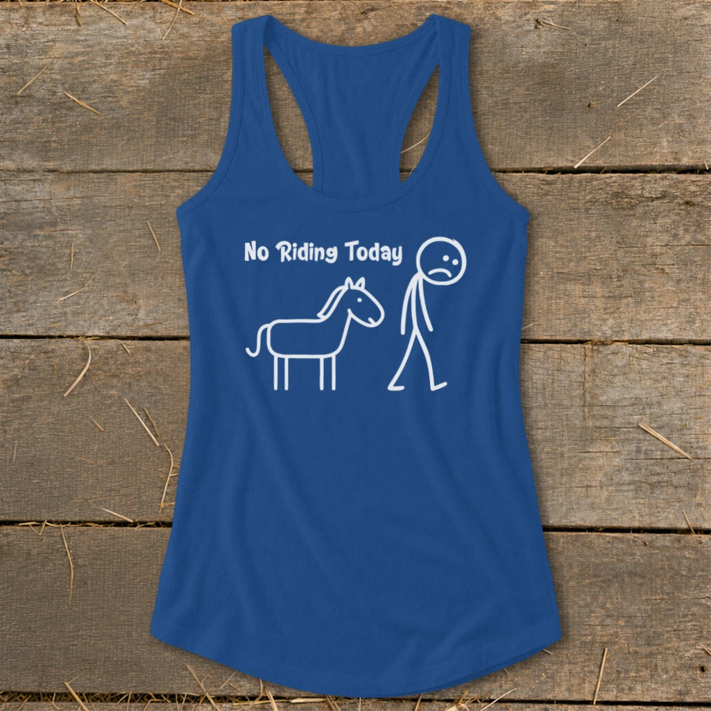 Blue tank top with white text and stick figures of a horse and a person.