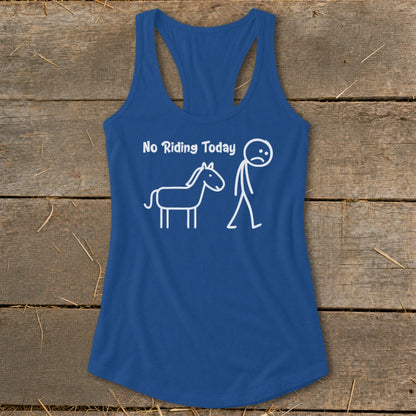 Blue tank top with white text and stick figures of a horse and a person.