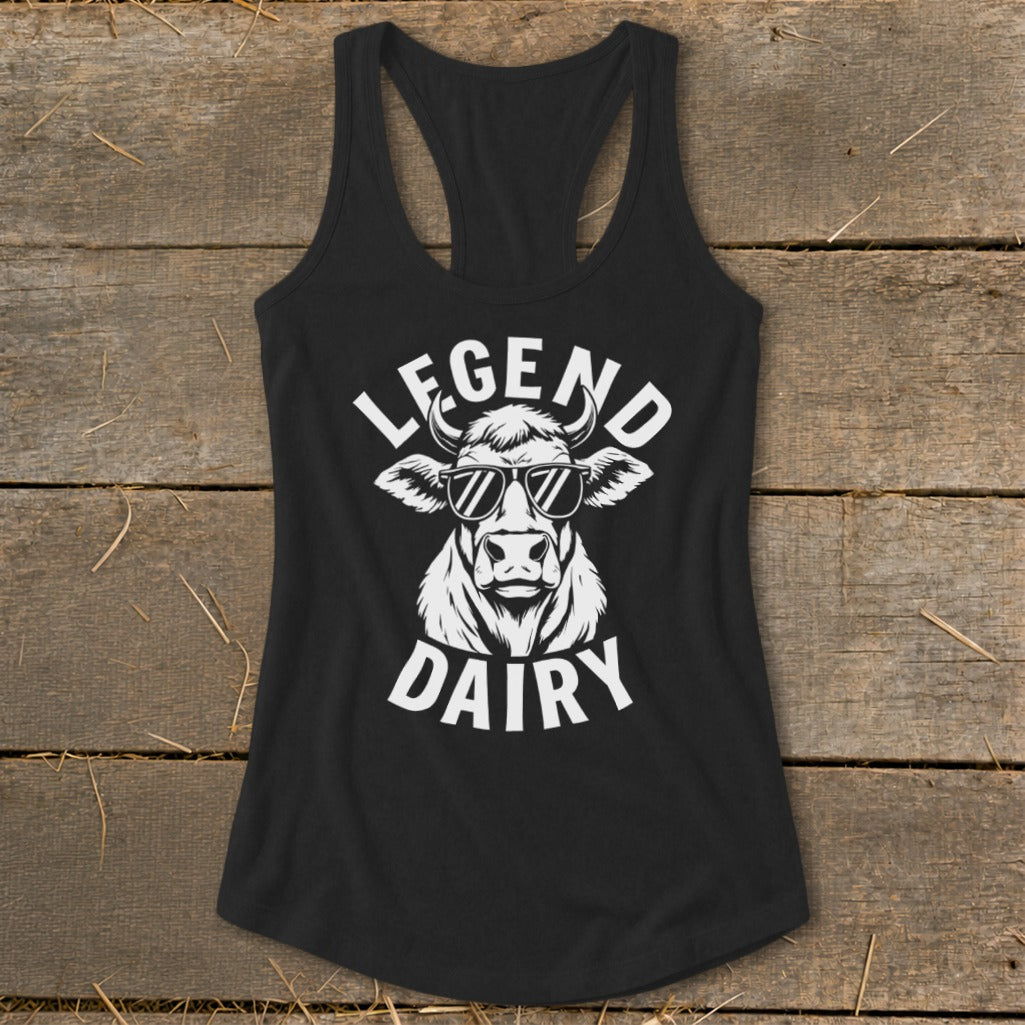 Black tank top with "Legend Dairy" text and a cow wearing sunglasses graphic.