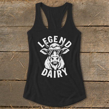 Black tank top with "Legend Dairy" text and a cow wearing sunglasses graphic.