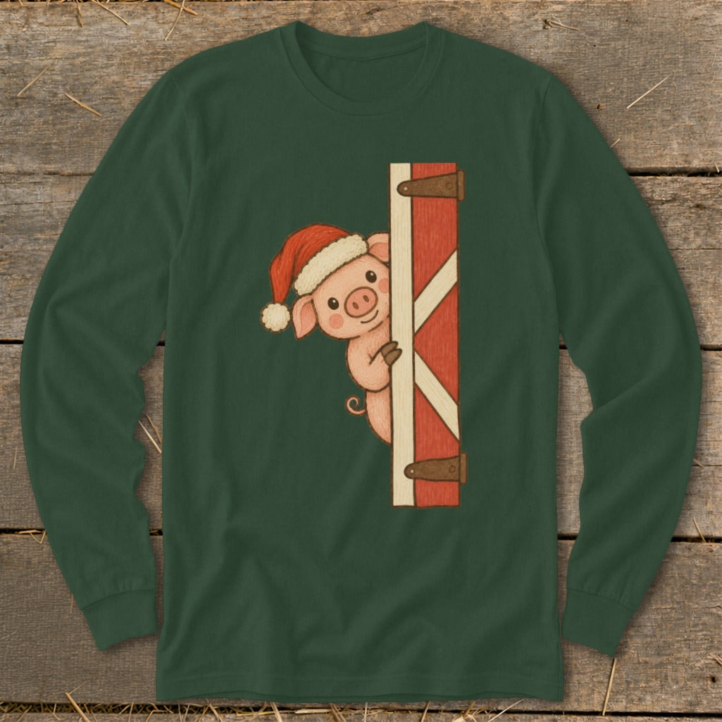 Illustration of a pig wearing a Santa hat peeking from behind a barn door.