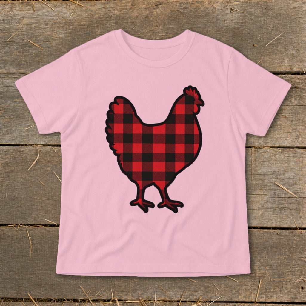 Pink t-shirt with a red and black buffalo plaid chicken graphic.