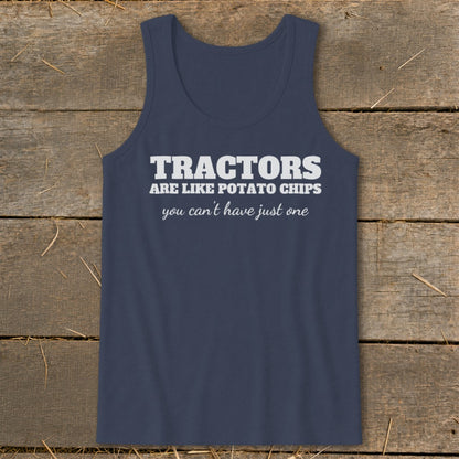 Navy tank top with white text "TRACTORS ARE LIKE POTATO CHIPS you can't have just one".