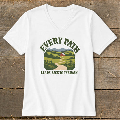 White v-neck t-shirt with graphic: "EVERY PATH LEADS BACK TO THE BARN"
