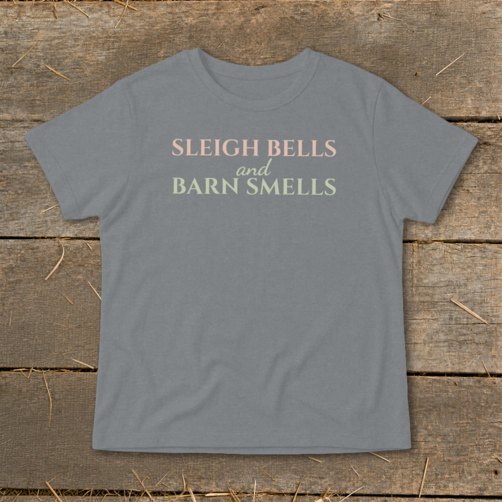Grey t-shirt with "Sleigh Bells and Barn Smells" text in pink and green.