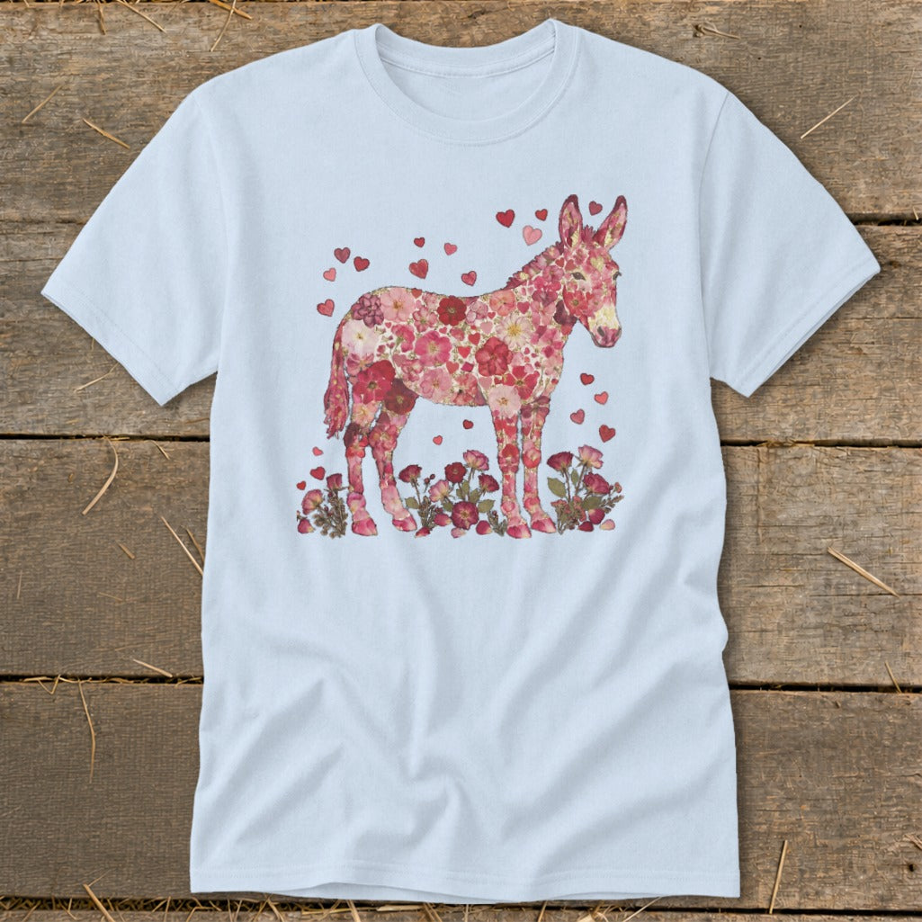 Donkey made of pink flowers and hearts on a light blue t-shirt.
