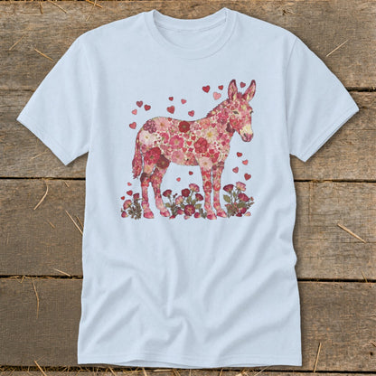 Donkey made of pink flowers and hearts on a light blue t-shirt.