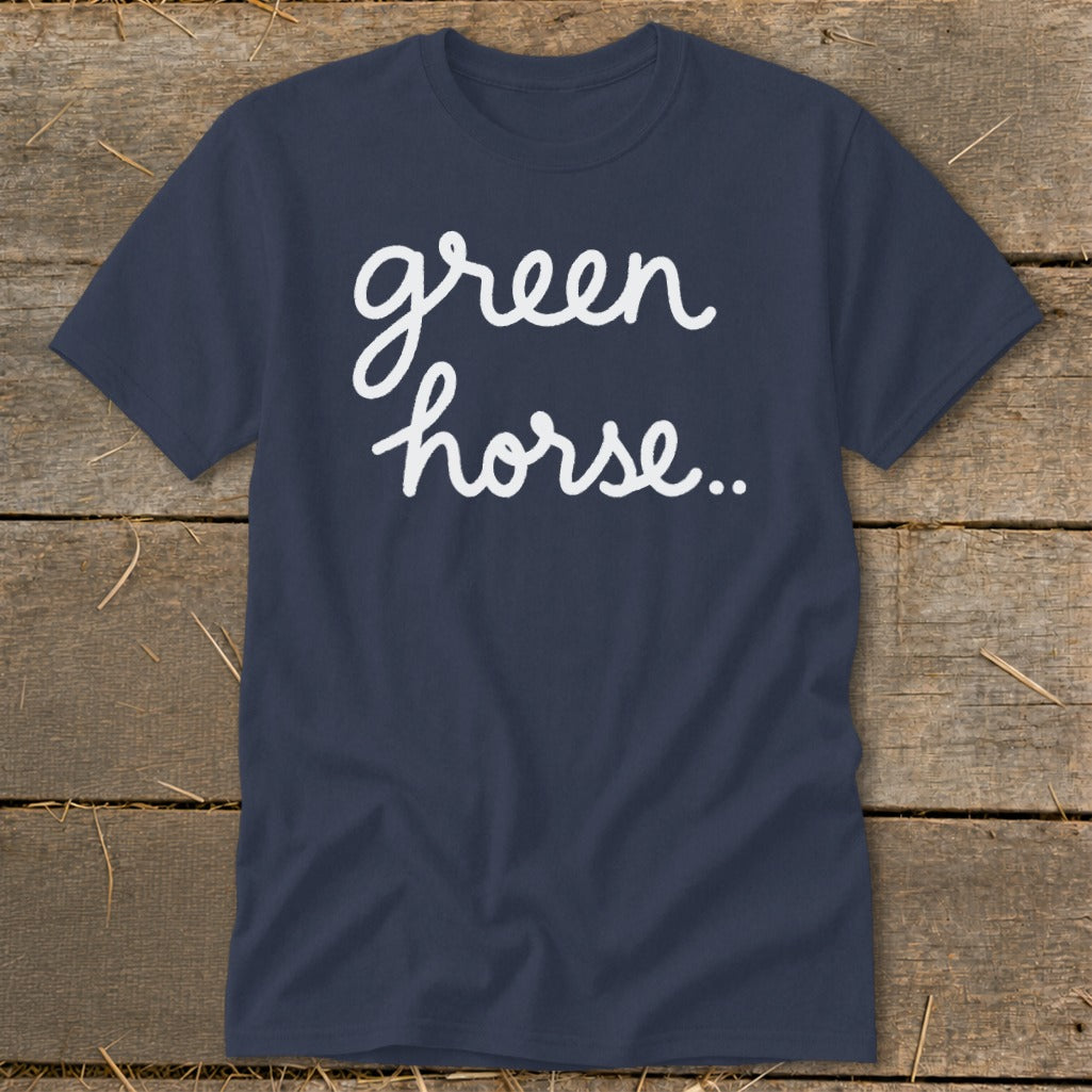 Navy t-shirt with white cursive text that reads "green horse..".