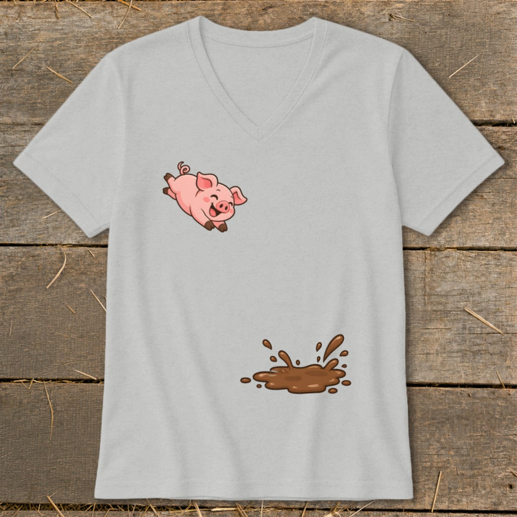 Grey t-shirt with cartoon pig jumping over a mud splash graphic.