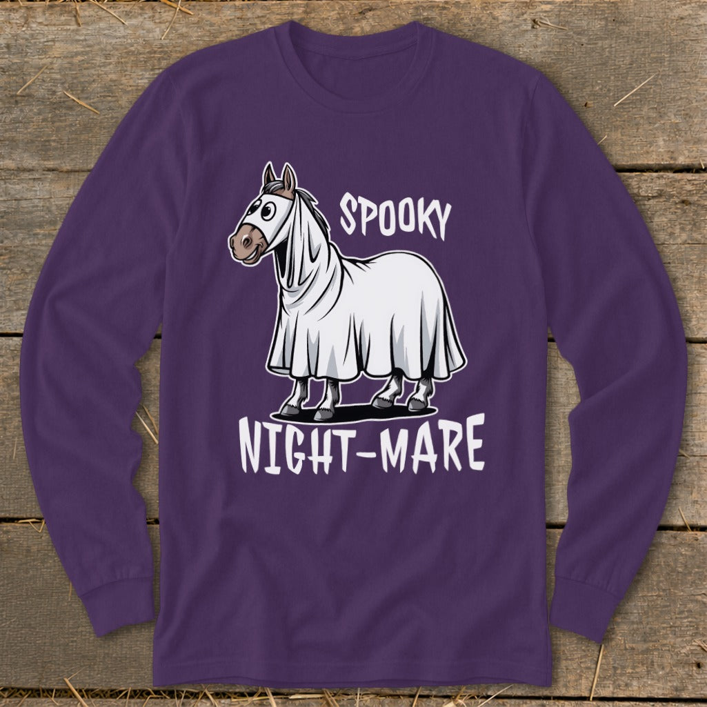 Horse wearing a ghost costume with text "Spooky Night-Mare"
