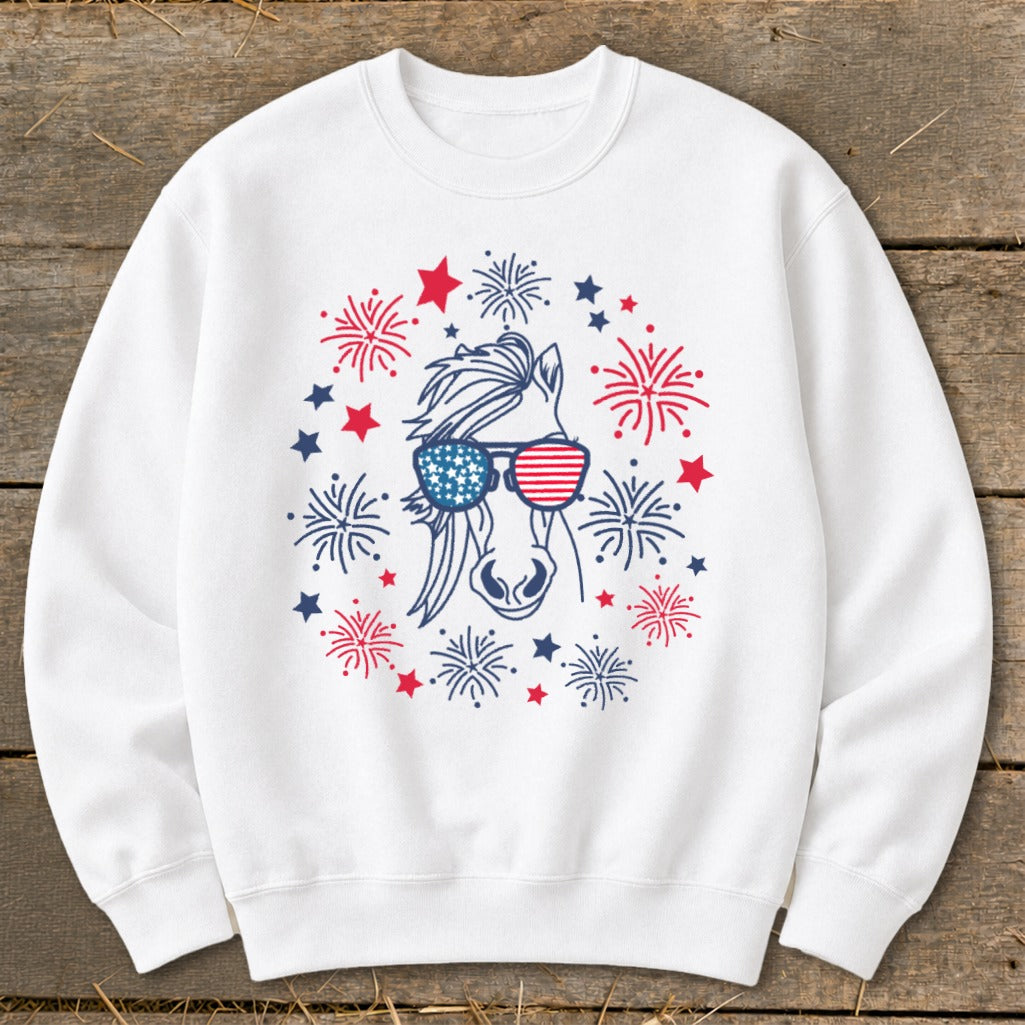 White sweatshirt with a horse wearing American flag sunglasses and a fireworks border.