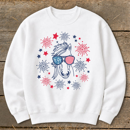 White sweatshirt with a horse wearing American flag sunglasses and a fireworks border.